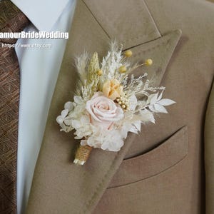 White Boho Wedding Dried Flowers Boutonniere,Rustic Preserved Rose Boutonnières Groom Accessory