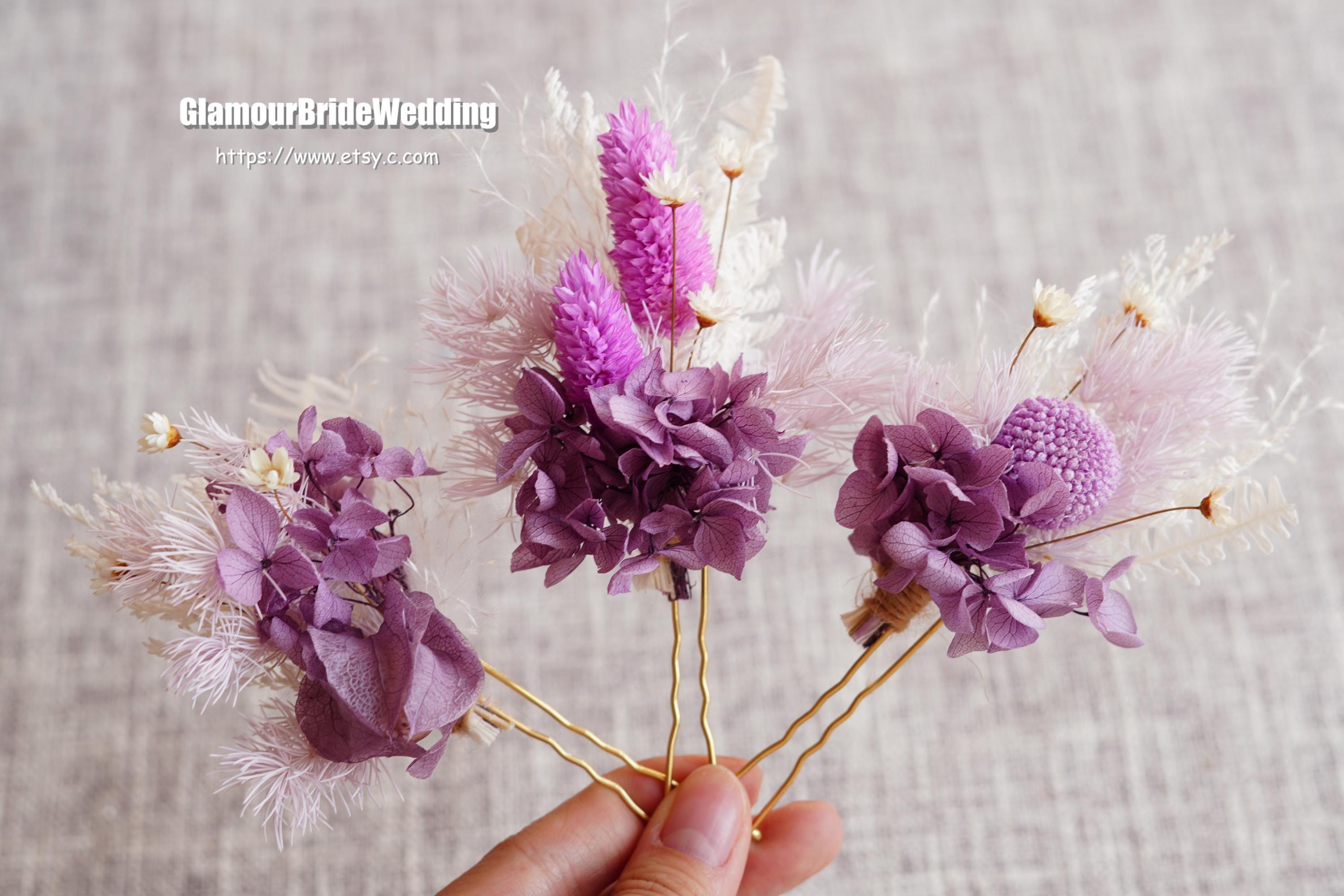 White/purple Dried Flower Hair Pins: Boho Bridal Preserved Roses  display picture 1