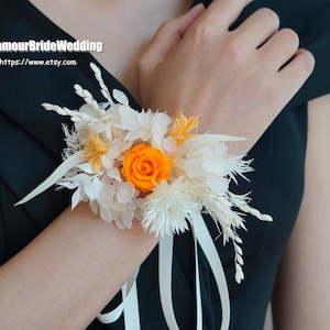 Orange Dried Flower Corsage,Corsage,Wedding Corsage,Bridal Bridesmaid Corsage,Country Wedding Corsage,Flowers Bracelet