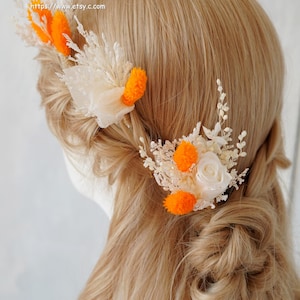 White/Orange Dried Flower Hair Pins: Boho Wedding Bridal Preserved Rose Hair Accessories