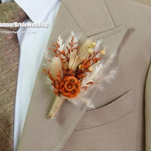 Dusty Orange Boho Wedding Boutonniere,Rustic Dried Flowers Boutonnières Groom Accessory