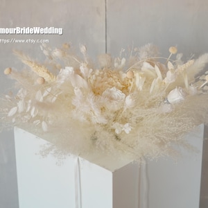 White Preserved Rose & Pampas Table Flower Arrangement: Boho Wedding Dried Flowers Decor Centerpiece