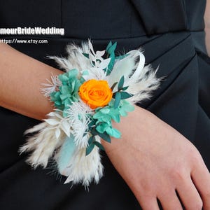 Blue-green/orange Dried Flower Corsage,Corsage,Wedding Corsage,Bridal Bridesmaid Corsage,Country Wedding Corsage,Flowers Bracelet