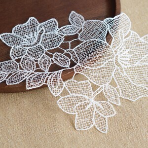 Può includere: Un'applicazione in pizzo bianco caratterizzata da un dettagliato motivo floreale con petali e foglie interconnessi. Il design è realizzato con una struttura a rete fine, creando un aspetto delicato e complesso con bordi netti e definiti.