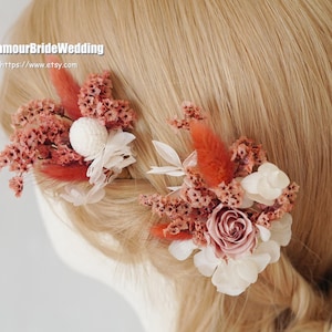 White/Pink Preserved/Dried Flowers Hair Pins, Rustic Boho wedding Bridal Hair Comb Accessories