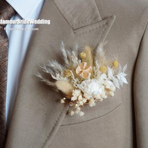 Creamy White Rustic Dried Flowers Pampasgrass Wedding Boutonniere,Boho Boutonnières Accessories Groom