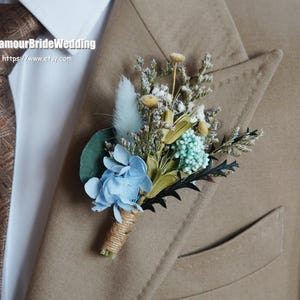 Boho Wedding Boutonniere,Blue & Green Dried Flowers Boutonnières,Rustic Groom Accessory