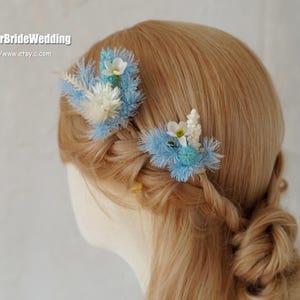 White/Blue Dried Flower Hair Pins: Boho Wedding Bridal Preserved Flowers Hair Accessories