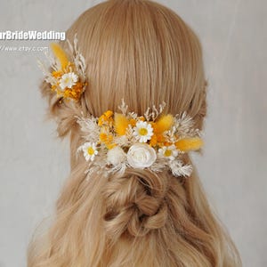 White/Yellow Boho Wedding Preserved flowers Hair Comb: Natural Dried Flower Bridal Accessories