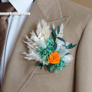Boho wedding boutonniere groom accessories orange/blue rustic dried flower Wedding corsage for groom Magaela Wedding Boutonnières
