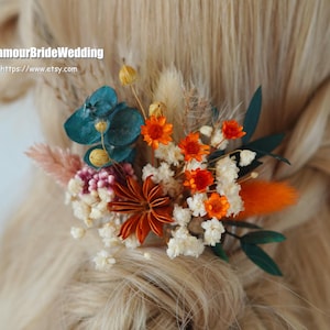 Burnt Orange Dried Flowers Hair Comb,Rustic Wedding Bridal Hair Accessories Babysbreath Eucalyptus Leaf