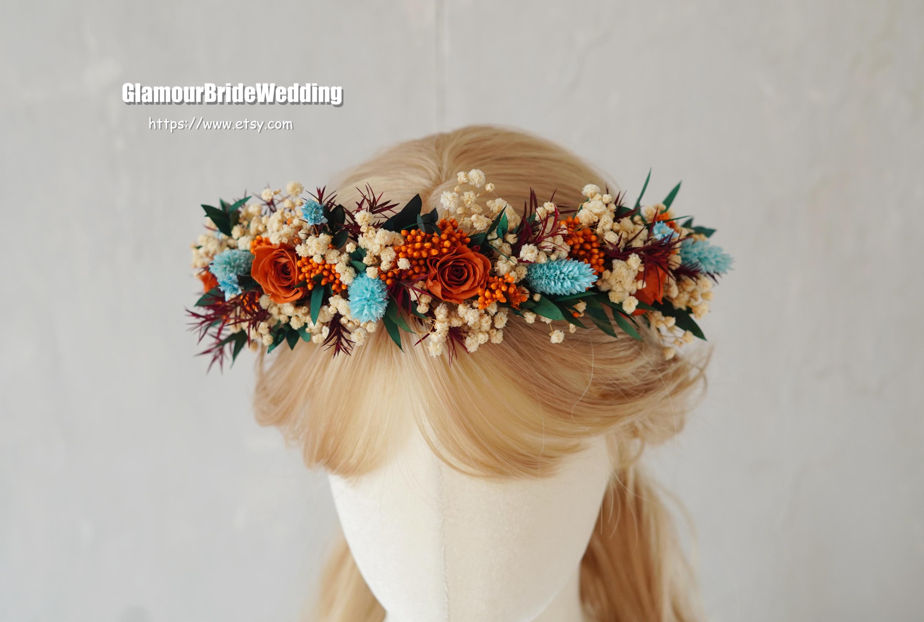 Handmade Embellished Floral Headband - Gold Green Orange Gabriella Burnt Orange Wedding Dried Flower Crown Headband  main image 4