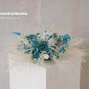 White & Blue Preserved Flower Pampas Table Arrangement,Boho Wedding  Dried Flowers Decor Centerpiece Roses Babysbreath