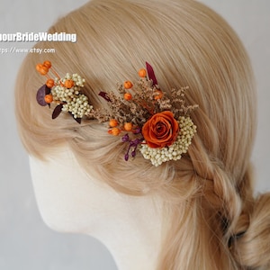 Burnt Orange Boho Wedding Bridal  Hair Comb,Dried & Preserved Flower Hairpin Accessories