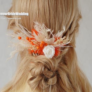 Boho Wedding Dried Flowers Hair Comb,Preserved Rose White/Orange Bridal Hair Accessories