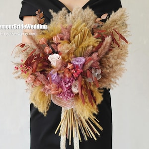 Autumn Boho Wedding Bouquet,Pampas Grass & Preserved/Dried Flowers Bridal/Bridesmaid