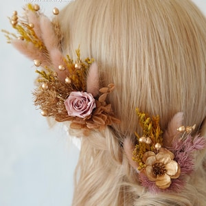 Golden Dried Flower Hair Pins: Boho Bridal Preserved Roses Hair Accessories