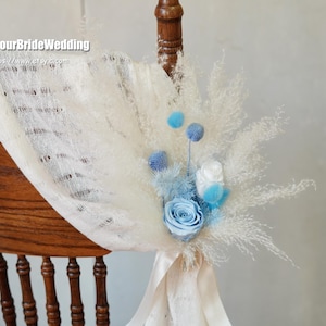 White/Blue Wedding Chair Swag Flower Decor: Preserved Rose Aisle Decoration