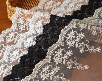 May include: Close-up of various lace trims in white, black, and beige. Each trim has a floral design along the scalloped edge. The lace is layered, displaying the intricate patterns and textures of the fabric.