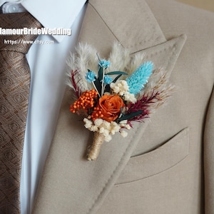 Boho wedding boutonniere groom accessories Dusty orange rustic dried flower Wedding corsage for groom Magaela Wedding Boutonnières