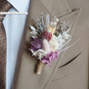 White/Purple Boho Wedding Boutonniere,Dried Flowers Boutonnières/Corsage,Rustic Groom Accessory