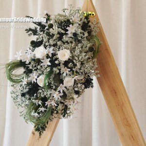 White/Green Preserved Rose & Dried Flower Arch Arrangement: Boho Wedding Decor Centrepiece