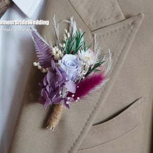 Blue/Purple Boho Wedding Boutonniere,Dried Flowers Boutonnières/Corsage,Rustic Groom Accessory Preserved Roses