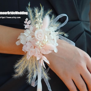 Pink Preserved Rose Corsage, Pampas Rabbit Tail Dry Flower Bridesmaid Corsage, Bohemian Wedding Wrist Flower