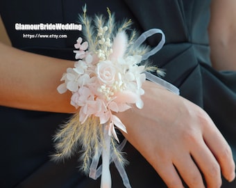 Corsage rose stabilisé rose, fleur de poignet de mariage bohème avec pampa et queue de lapin fleurs sèches mariée/demoiselle d&#39;honneur