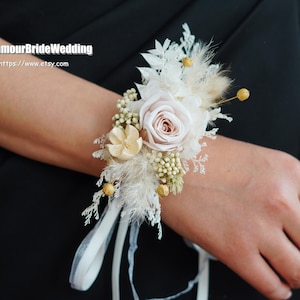 Preserved White Rose Corsage,Boho Wedding Dried Flowers Bridal/Bridesmaid Corsage