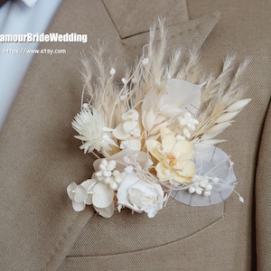 White Rustic Dried Flowers Pampasgrass Wedding Boutonniere,Boho Boutonnières Accessories Groom
