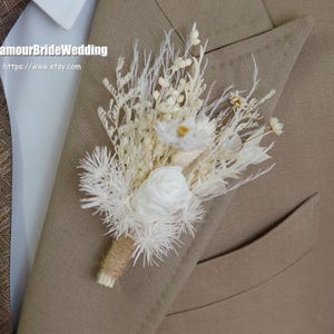 White Boho Wedding Dried Flowers Boutonniere,Rustic Preserved Rose Boutonnières Groom Accessory