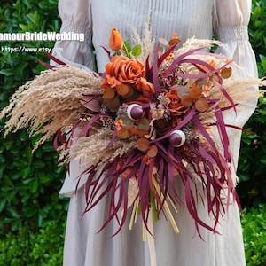 Rustic boho Wedding Bouquet,burnt orange Artificial Flowers Wedding Decor,bridal bridesmaids bouquets,Pampas grass bouquet-Autumn
