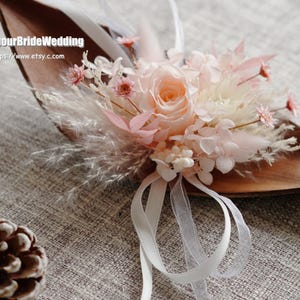 Pink Preserved Rose Corsage, Pampas Rabbit Tail Dry Flower Bridesmaid Corsage, Bohemian Wedding Wrist Flower