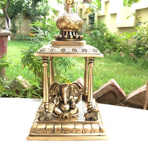 Handcrafted Brass Hindu Temple with Nandi Bulls - Vintage Home Mandir (35cm)