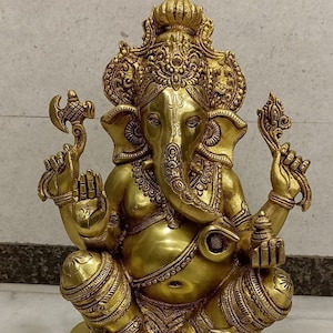 Ganesha Statue in Brass 40CM, Big Large Ganesha Idol, Ganpati Sculpture for Home Temple/Puja, Garden in Brass, Hindu God of Luck