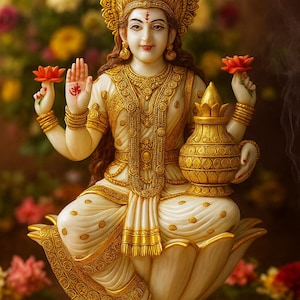 Lakshmi Statue,12 inches Hand Painted Cultured Marble Goddess Laxmi Statue, Hindu Goddess of Money, wealth, Abundance, fertility