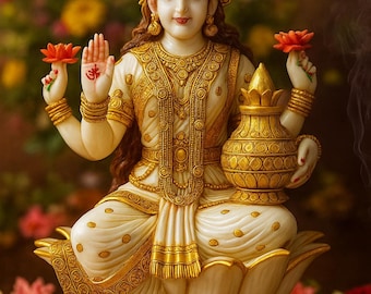 Lakshmi Statue,12 inches Hand Painted Cultured Marble Goddess Laxmi Statue, Hindu Goddess of Money, wealth, Abundance, fertility