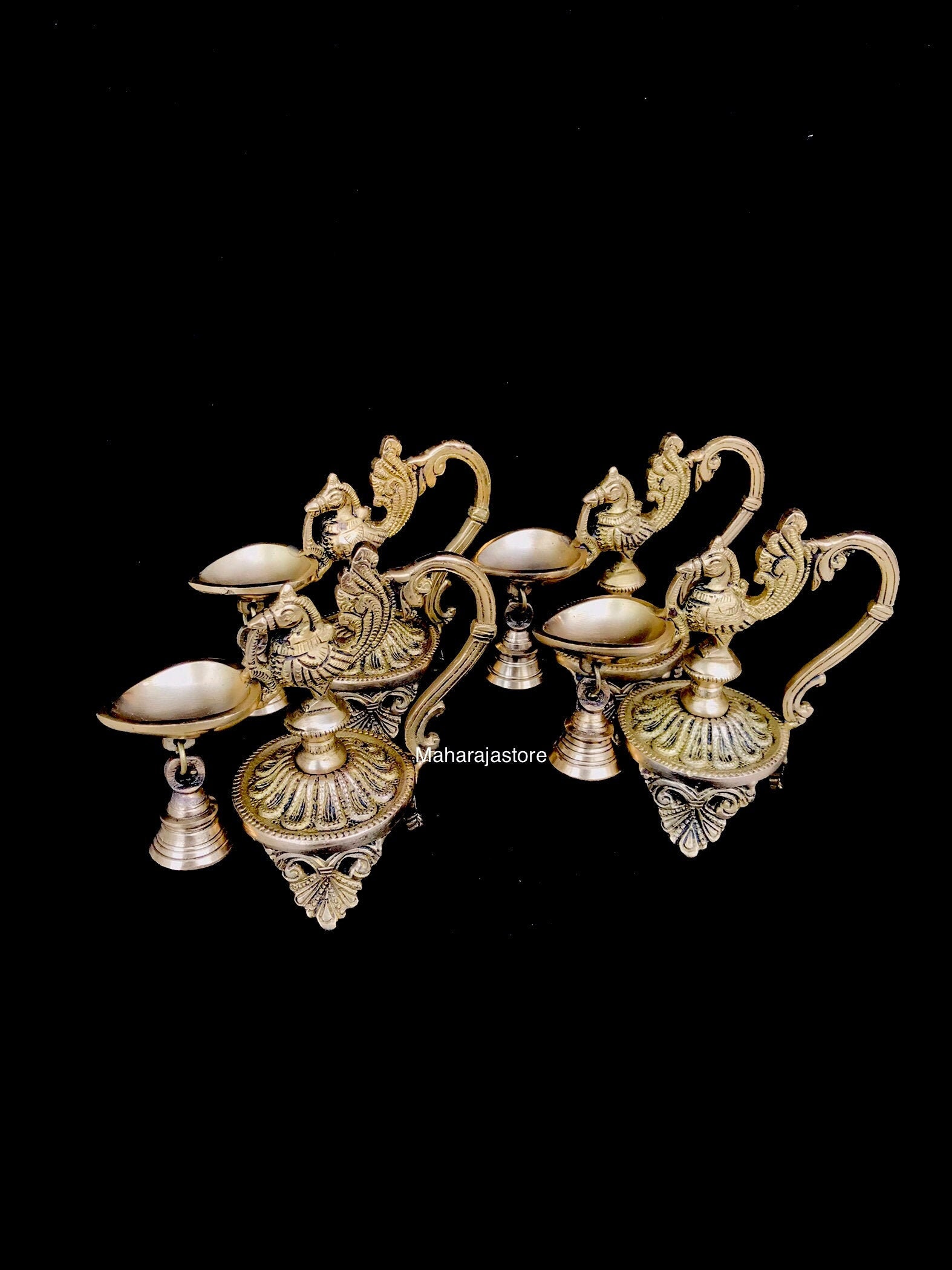 Brass Bird Diya with Bell for Home Temple Oil Diya Pair Indian Deepak for Home Decor Handmade Lamp Set of 4 pieces