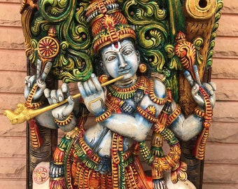 Krishna statue vintage wood hand made wood carving work