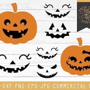 Op de afbeelding: Een set van tien Halloween-pompoen SVG-snijbestanden. De ontwerpen omvatten een traditionele jack-o'-lantern, een glimlachende pompoen, een pompoen met een schattig gezicht en een pompoen met een griezelig gezicht. De bestanden zijn perfect voor het maken van Halloween-decoraties, knutselwerk en meer.