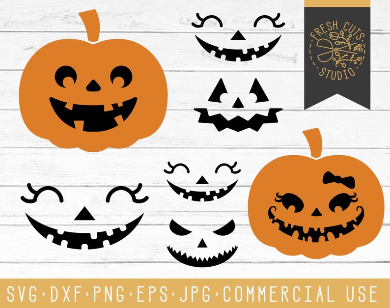 Op de afbeelding: Een set van tien Halloween-pompoen SVG-snijbestanden. De ontwerpen omvatten een traditionele jack-o'-lantern, een glimlachende pompoen, een pompoen met een schattig gezicht en een pompoen met een griezelig gezicht. De bestanden zijn perfect voor het maken van Halloween-decoraties, knutselwerk en meer.