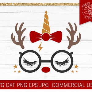 May include: A whimsical graphic design featuring a unicorn horn, reindeer antlers, a red bow tie, and round glasses with eyelashes. A gold lightning bolt and stars accent the design. The text "SVG DXF PNG EPS JPG COMMERCIAL USE" is included.