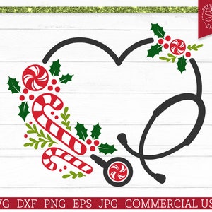 Christmas Nurse svg Stethoscope Heart Cut File Cricut Silhouette, Candy Cane, CNA RN EMT, Nursing School, Monogram Frame, dxf Eps Png jpg