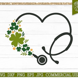 May include: A black and white silhouette of a stethoscope in the shape of a heart with green shamrocks and yellow flowers around the heart.