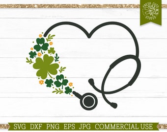 Shamrock Stethoscope SVG St Patrick's Day Nurse Cut File for Cricut, Heart Stethoscope svg, Doctor, Spring Green, Commercial Use png dxf