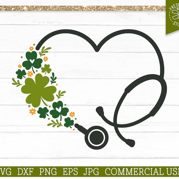 Shamrock Stethoscope SVG St Patrick's Day Nurse Cut File for Cricut, Heart Stethoscope svg, Doctor, Spring Green, Commercial Use png dxf