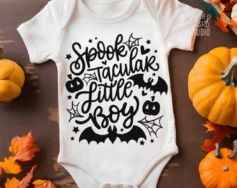 Spooktacular Little Boy SVG Cut File, Boys Halloween Shirt Design, Spooky Toddler Fall Png, Hand Lettered Hallween SVG, Bats and Pumpkins