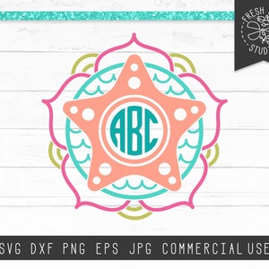 Zeesterren monogram frame SVG cut-bestanden voor de Cricut Silhouette Instant Download Digital Design, strand monogram frame, zomer zeesterren Mandala