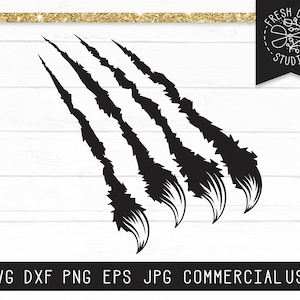 May include: Black silhouette of four claw marks on a white background.